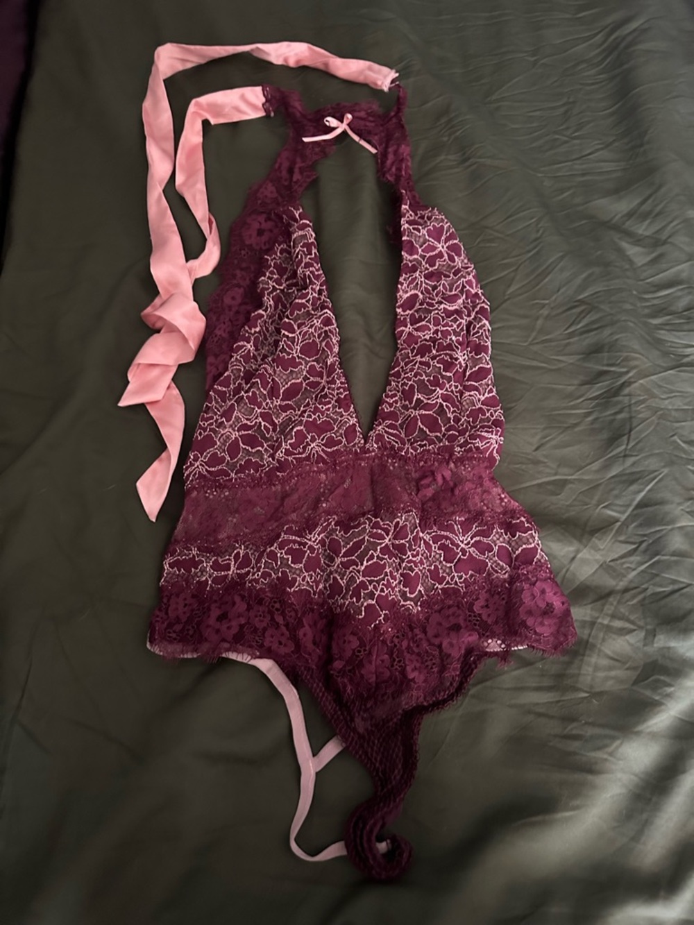 Vintage Victorias Secret Plum Lace Halter Teddy with Pink Ribbon 🎀